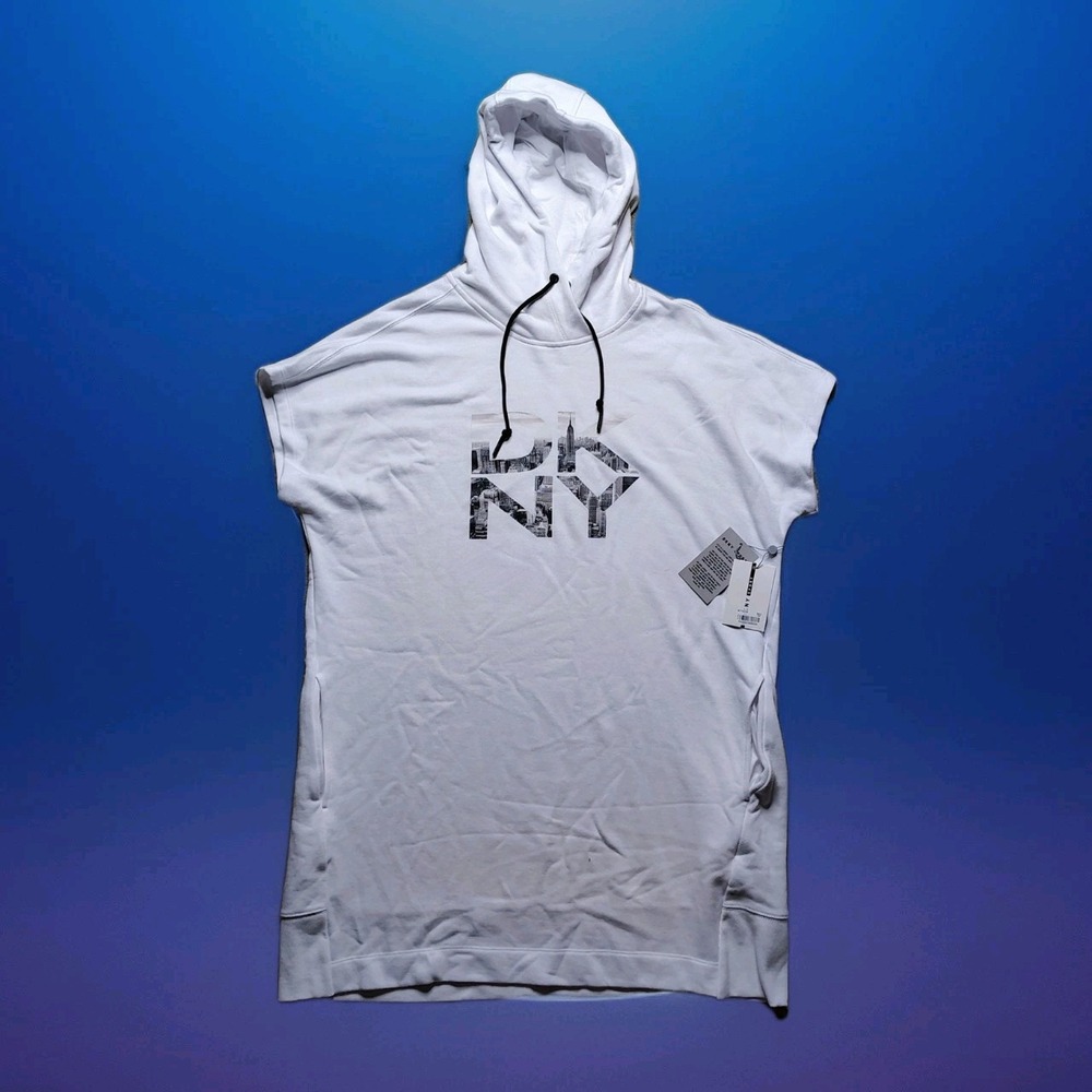 DKNY Sport White Hoodie Dress Tunic Short Sleeve Top Women's XL Athleisure NWT